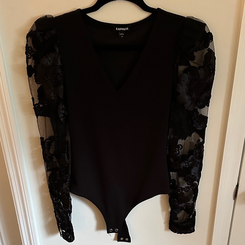 Express Black Floral Sheer Sleeve Bodysuit